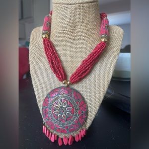 Red boho beaded necklace